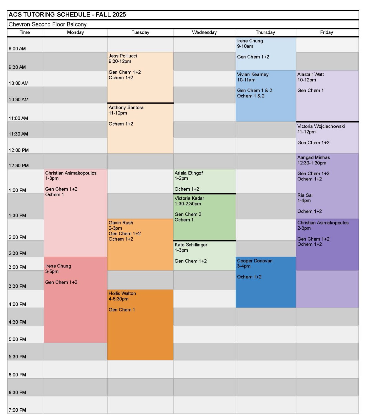 ACS Tutoring Schedule Fall 2025