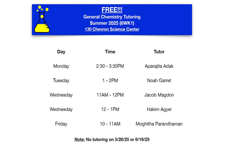 General Chemistry Tutoring schedule
