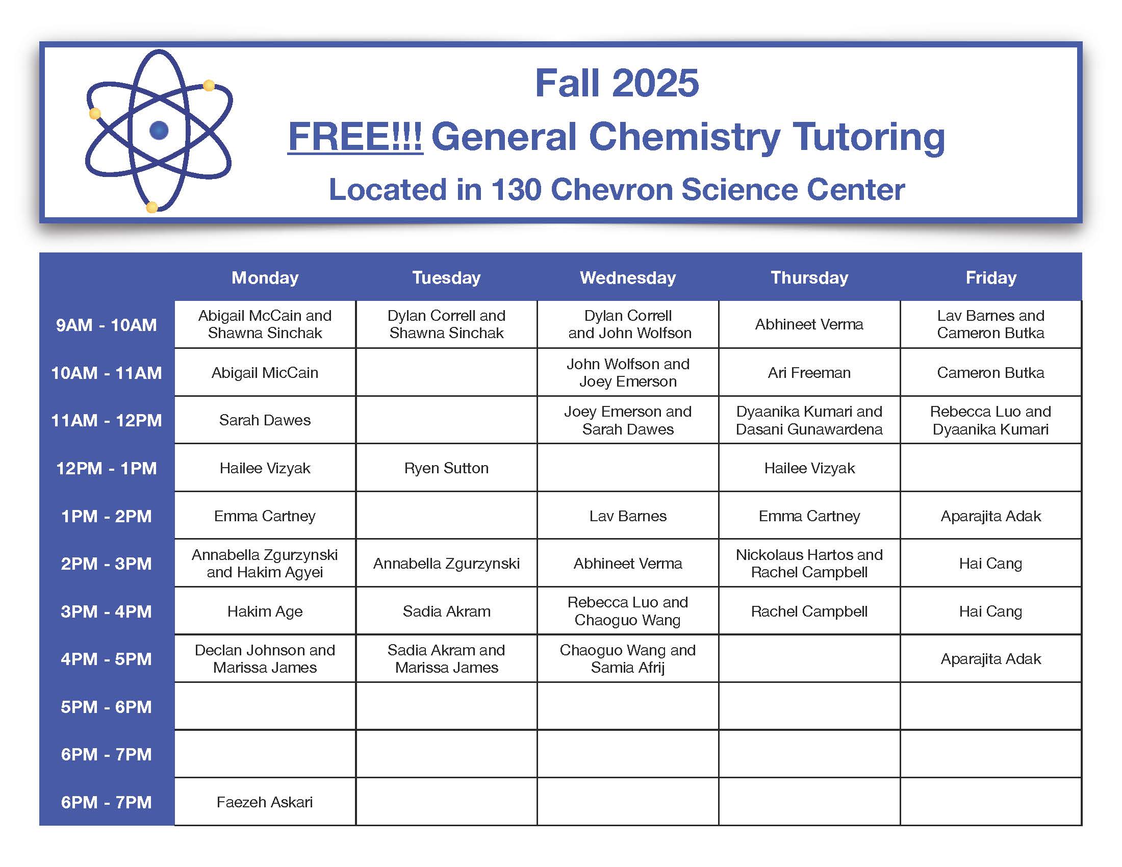 Fall 2025 FREE General Chemistry Tutoring